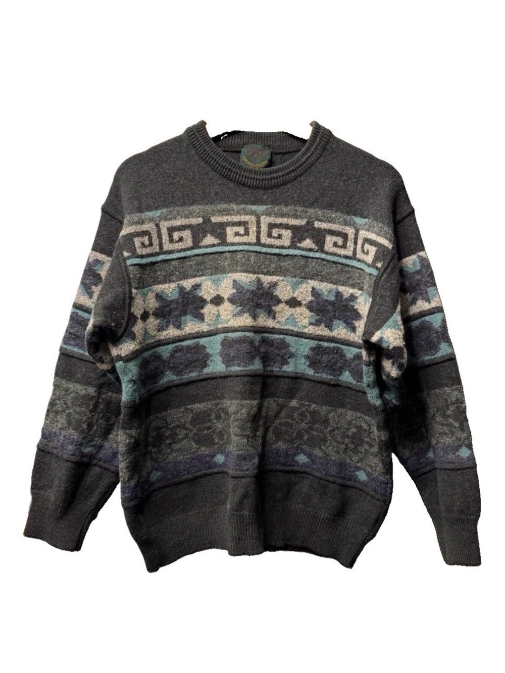 Vintage 80s/90s Men's Gray Patterned Crewneck Sweater with Teal Accents Preppy M